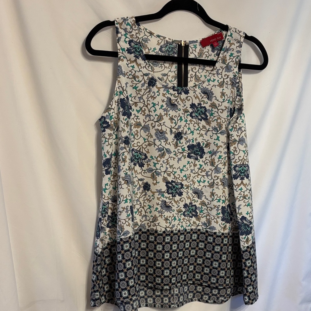 Velvet Sleeveless Boxy Floral Top - Teal and Cream